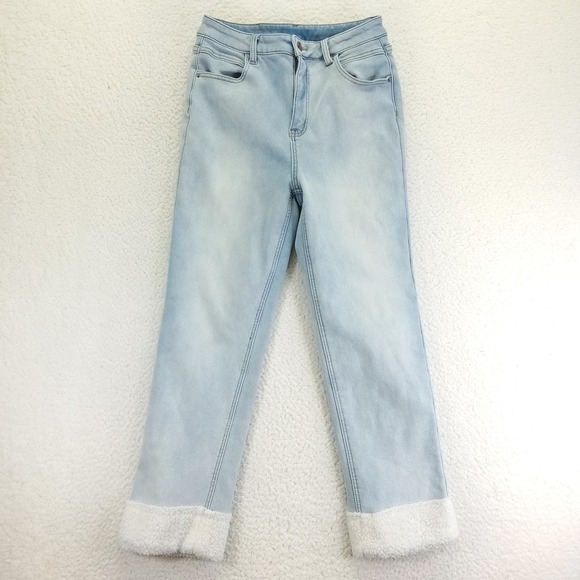 Instantfunk Denim - Instantfunk Lined Women Light Wash Straight Jeans Faux Shearling Cuffs Blue XL